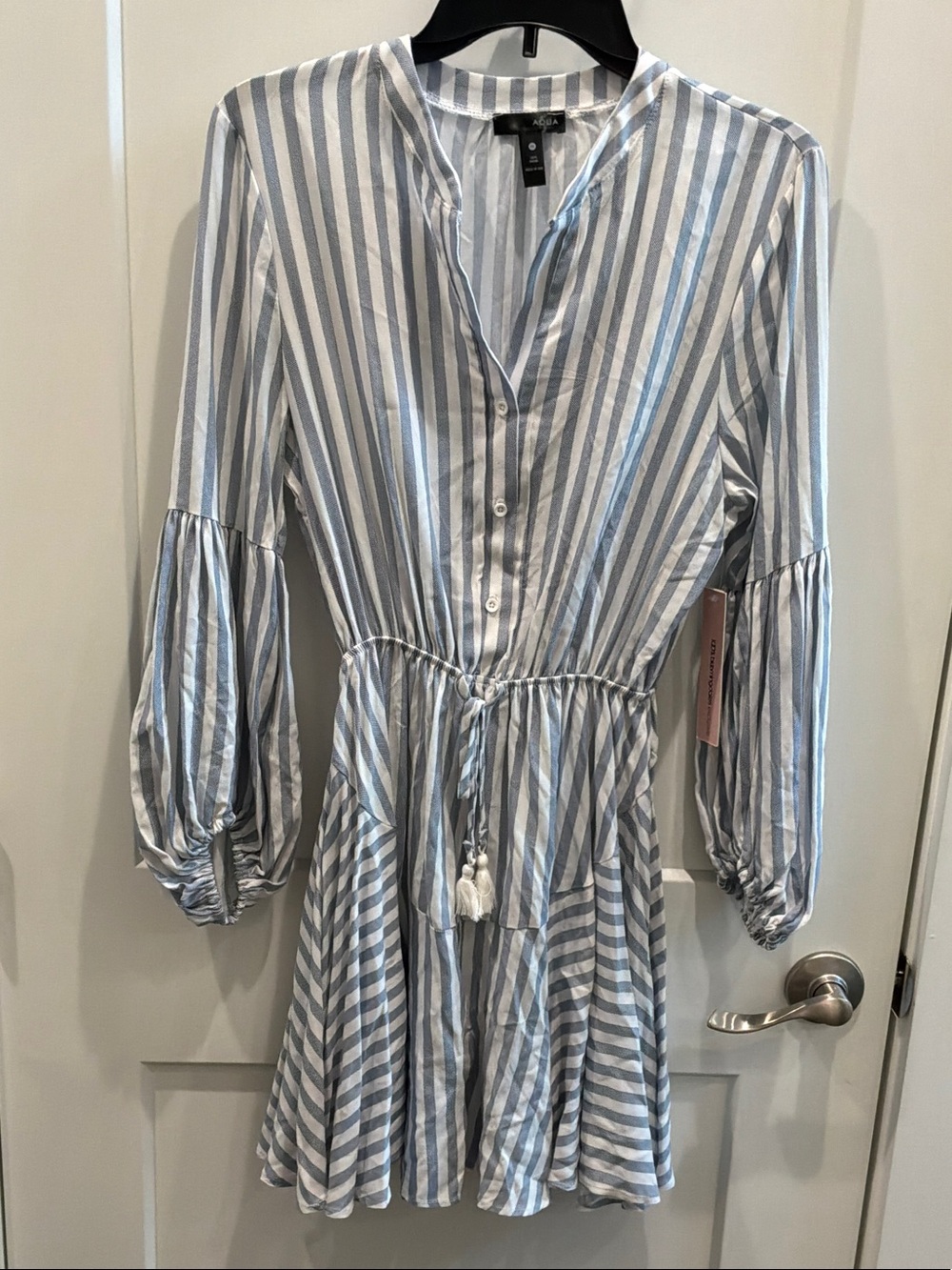 NWT Aqua XS Striped Blue White Button-Front Tie-Waist Dress Puff Sleeve 88.00